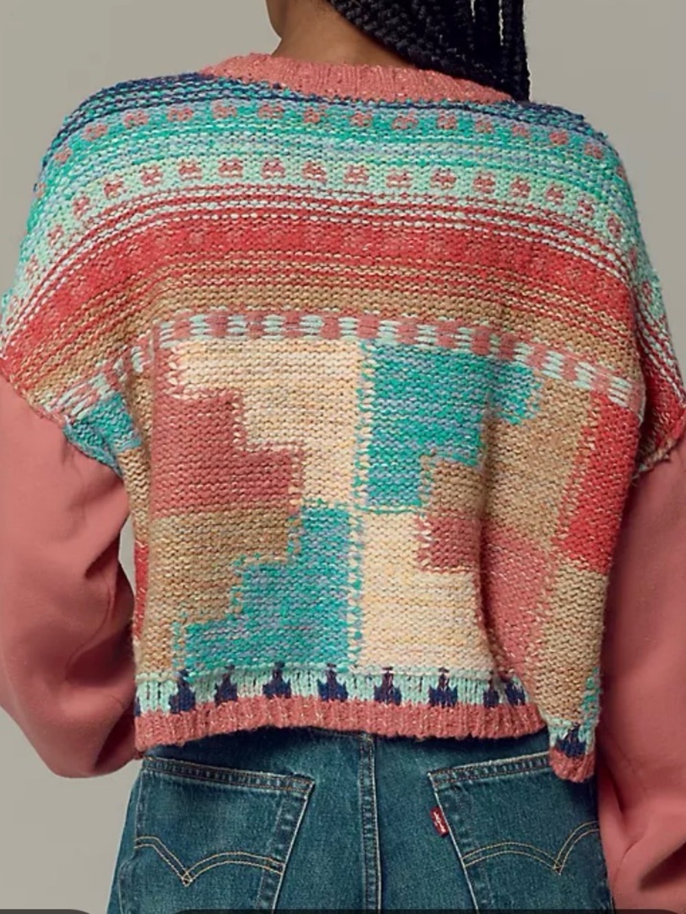 Pilcro Multicolor Geometric Knit Sweater with Coral Sleeves - Picture 3 of 12